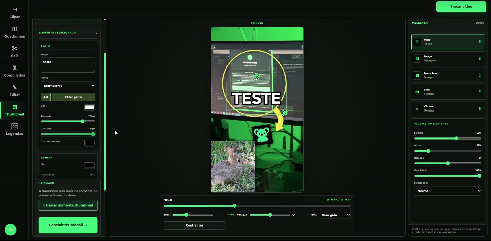 Composição real de thumbnail com texto, imagens e seta no editor.
